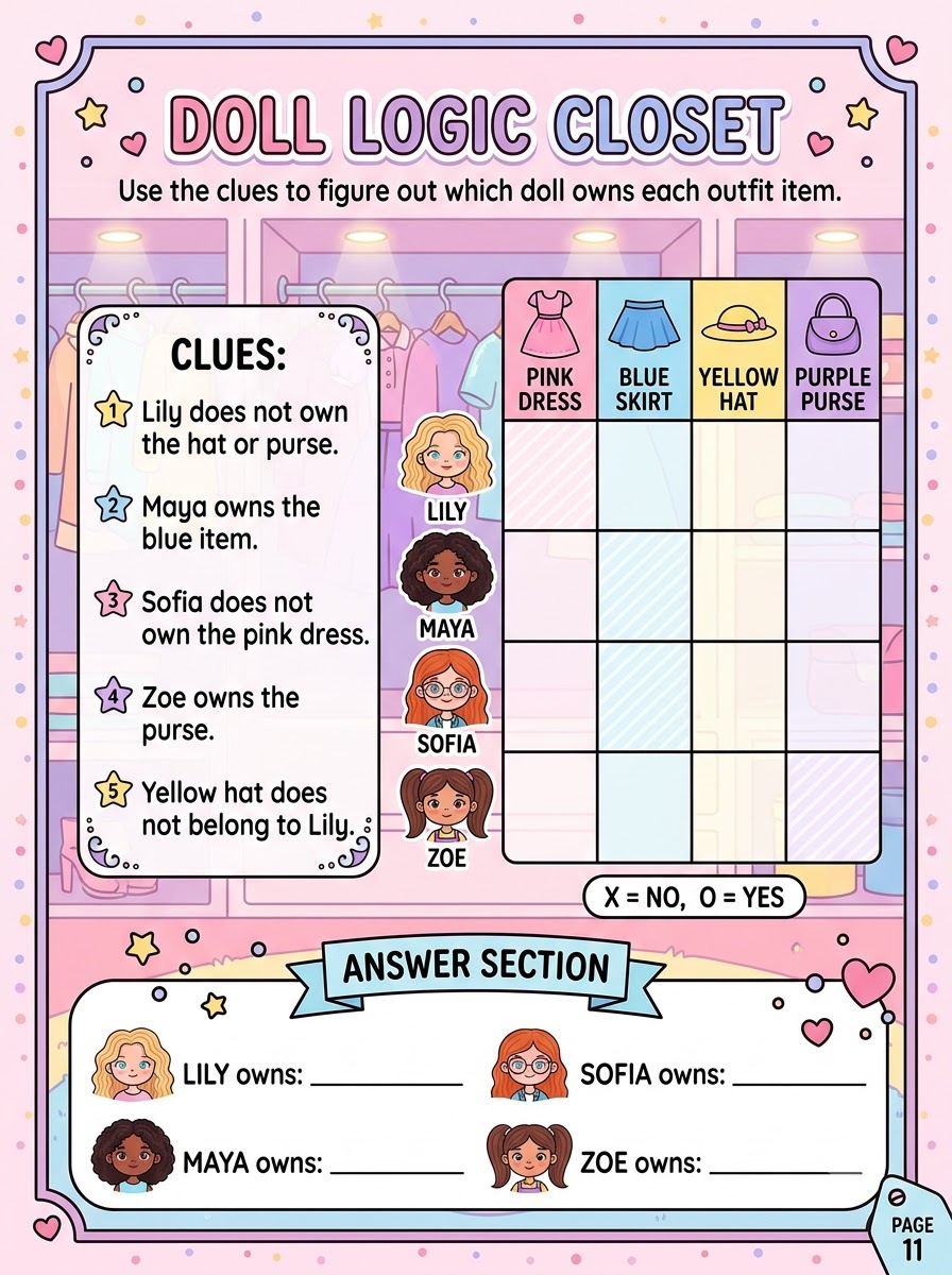 Doll Logic Closet — logic deduction grid with clues and illustrated characters